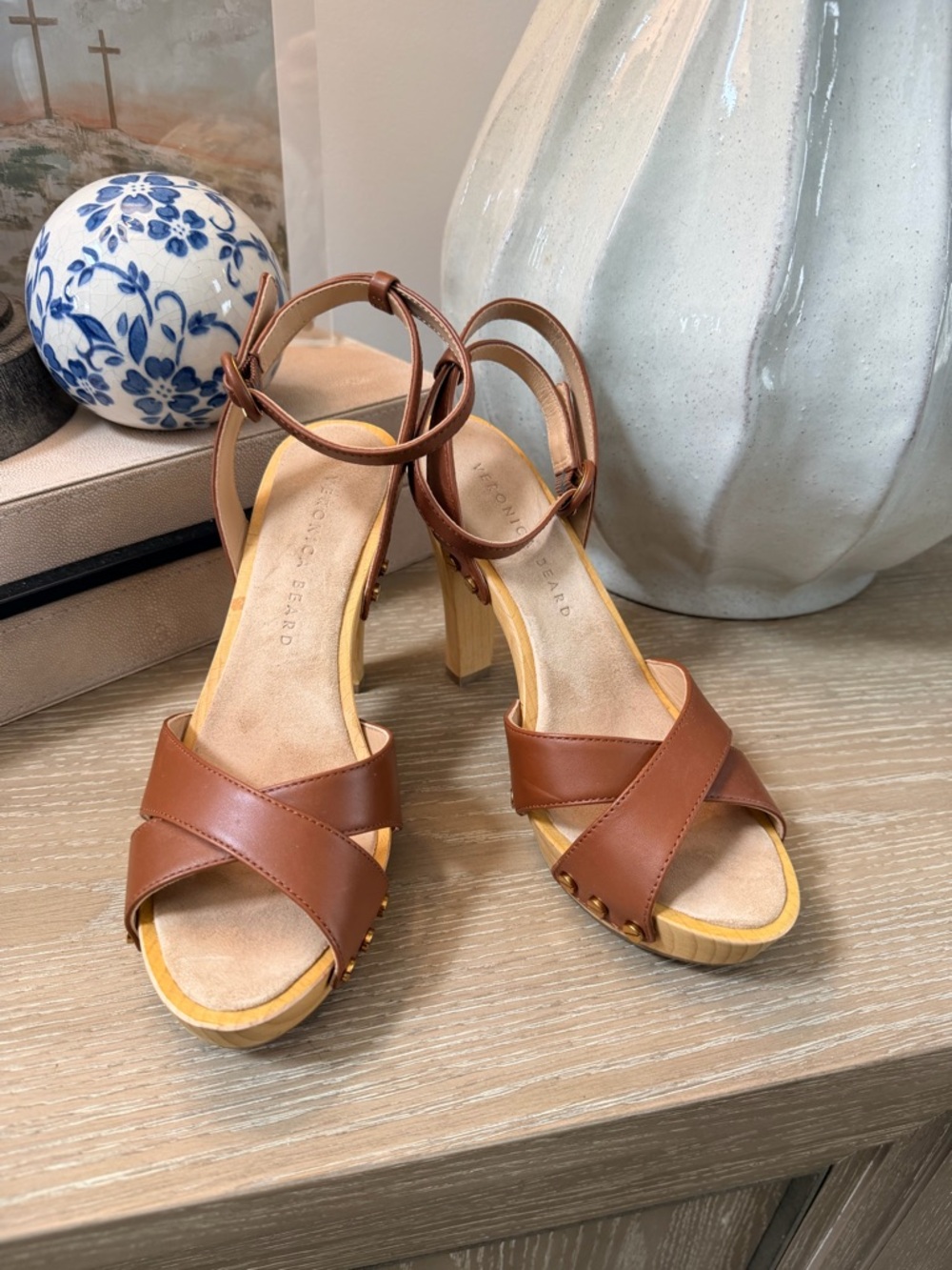 Veronica Beard Lamont Tan Brown Leather Platform Heel Sandals